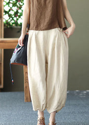 Chic Beige Pockets Wrinkled Patchwork Linen Harem Pants Summer