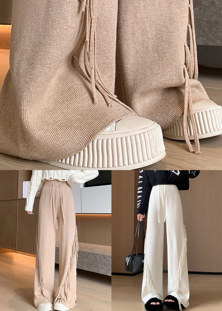 Chic Beige Tasseled Elastic Waist Cotton Knit Pants Spring