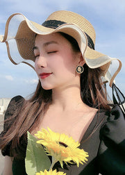 Chic Beige Tulle Bow Straw Woven Floppy Sun Hat