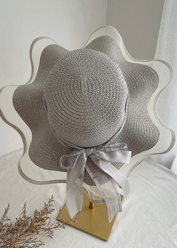 Chic Beige Tulle Bow Straw Woven Floppy Sun Hat