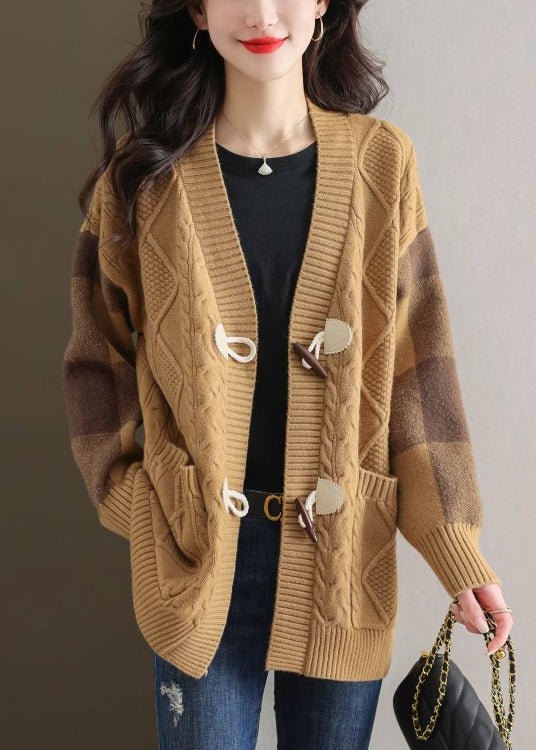 Chic Beige V Neck Button Patchwork Knit Cardigans Fall