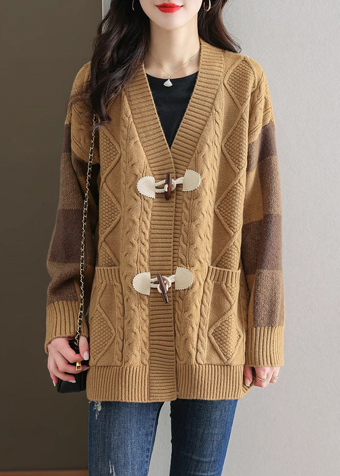 Chic Beige V Neck Button Patchwork Knit Cardigans Fall