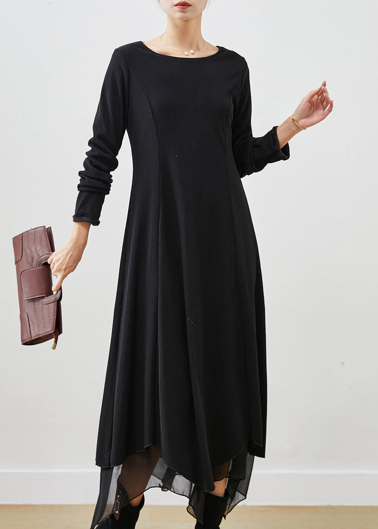 Chic Black Asymmetrical Exra Large Hem Cotton Long Dress Spring