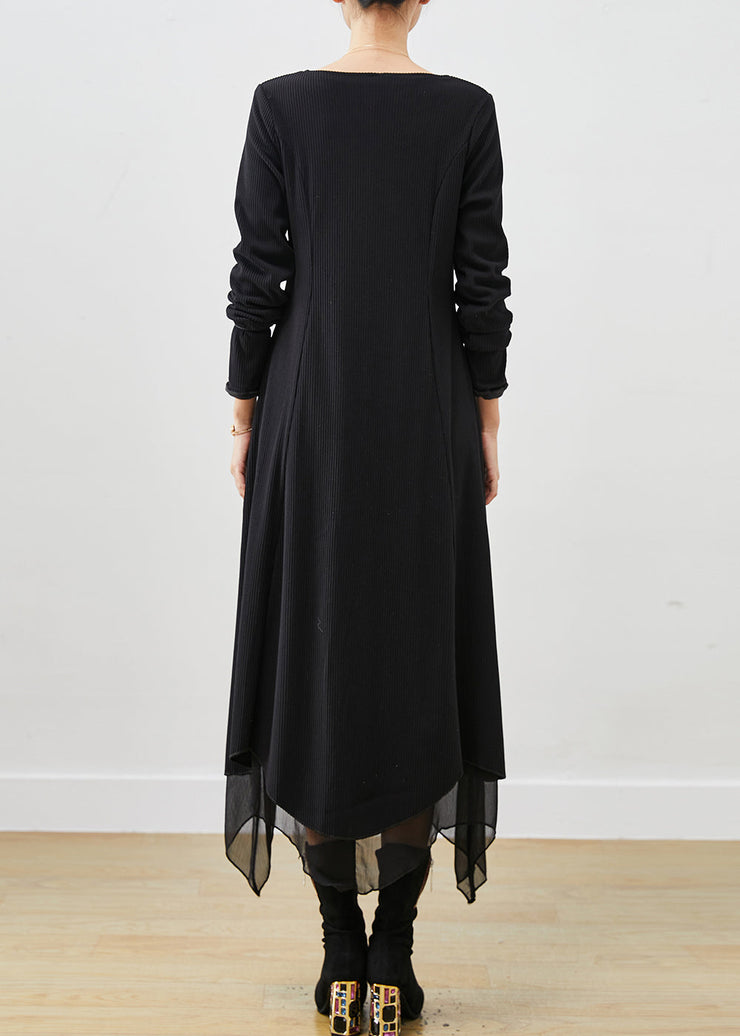 Chic Black Asymmetrical Exra Large Hem Cotton Long Dress Spring