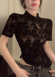 Chic Black Asymmetrical Lace Patchwork Tulle Top Short Sleeve