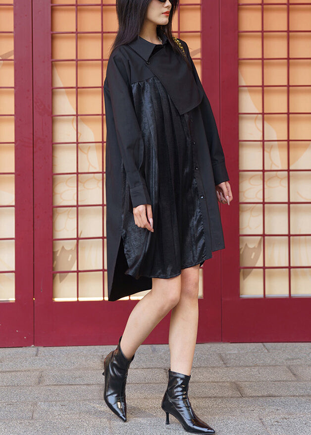 Chic Black Asymmetrical Low High Design Cotton Dresses Spring