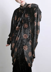 Chic Black Asymmetrical Print Silk Velour Shirts Batwing Sleeve