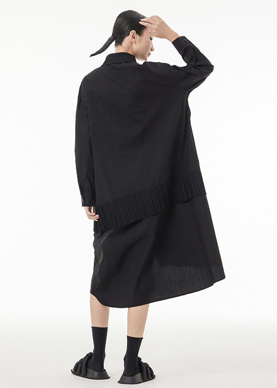 Chic Black Asymmetrical Wrinkled Cotton Robe Dresses Spring