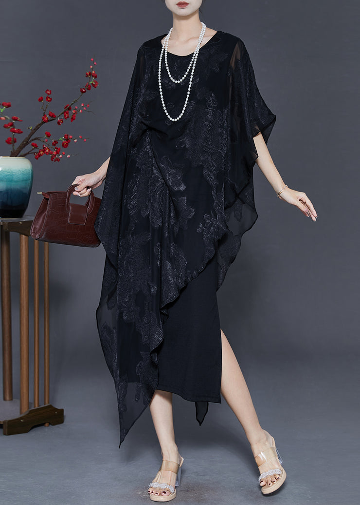 Chic Black Cold Shoulder Jacquard Silk Dresses Summer