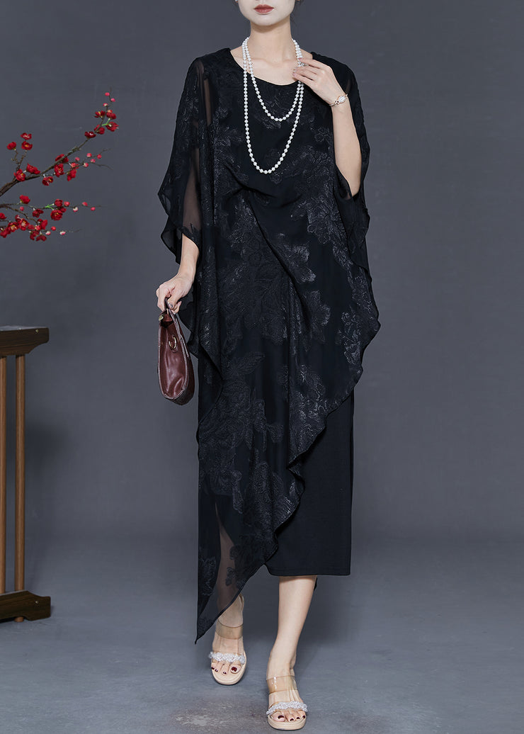 Chic Black Cold Shoulder Jacquard Silk Dresses Summer