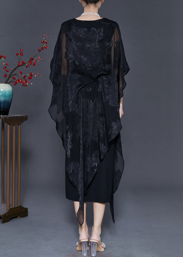 Chic Black Cold Shoulder Jacquard Silk Dresses Summer