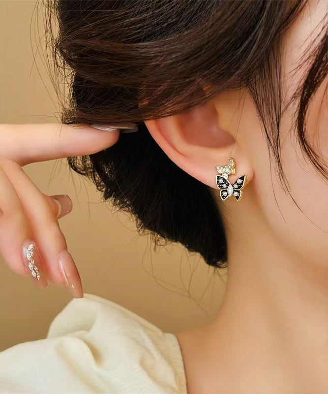 Chic Black Copper Alloy Zircon Drip Glaze Pearl Glass Stud Earrings