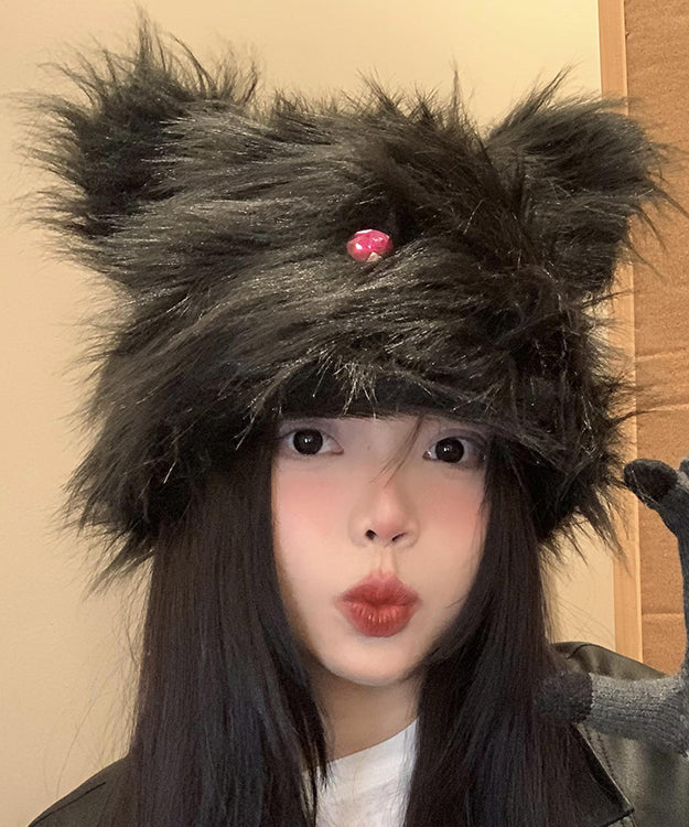 Chic Black Cute Warm Fuzzy Fur Fluffy Bonnie Hat