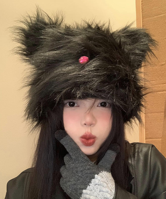 Chic Black Cute Warm Fuzzy Fur Fluffy Bonnie Hat