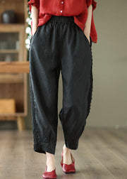 Chic Black Elastic Waist Patchwork Lace Linen Harem Pants Spring