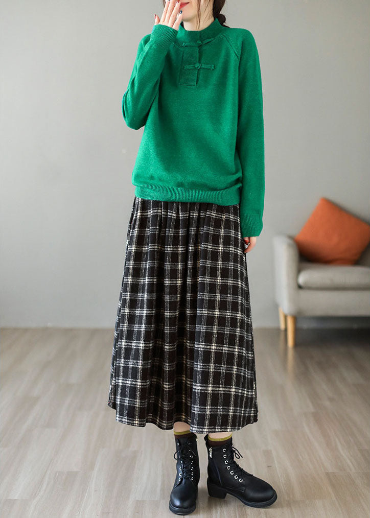 Chic Black Elastic Waist Plaid Cotton A Line Skirt Spring