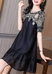 Chic Black Embroideried O-Neck Hollow Out Long Dresses Short Sleeve