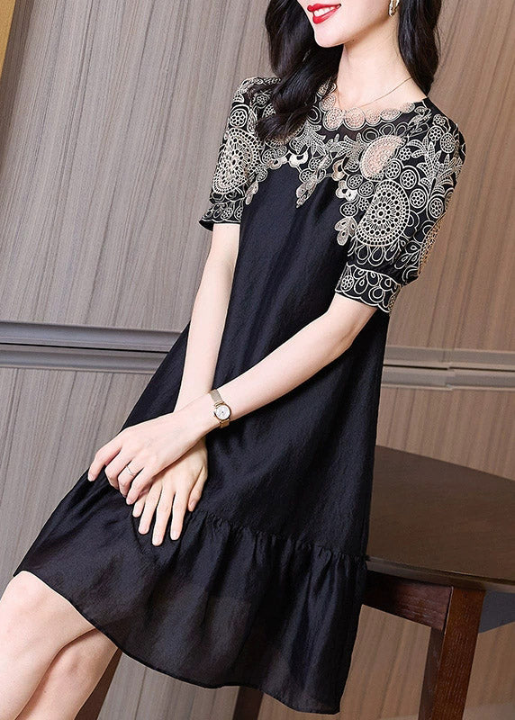 Chic Black Embroideried O-Neck Hollow Out Long Dresses Short Sleeve