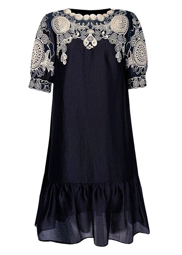 Chic Black Embroideried O-Neck Hollow Out Long Dresses Short Sleeve