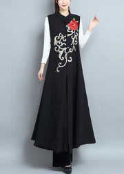 Chic Black Embroideried Side Open Patchwork Cotton Long Waistcoat Sleeveless