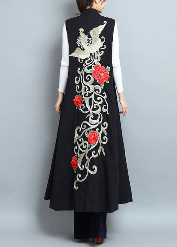 Chic Black Embroideried Side Open Patchwork Cotton Long Waistcoat Sleeveless