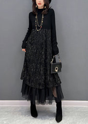 Chic Black Embroideried Tulle Patchwork Knit Dresses Winter