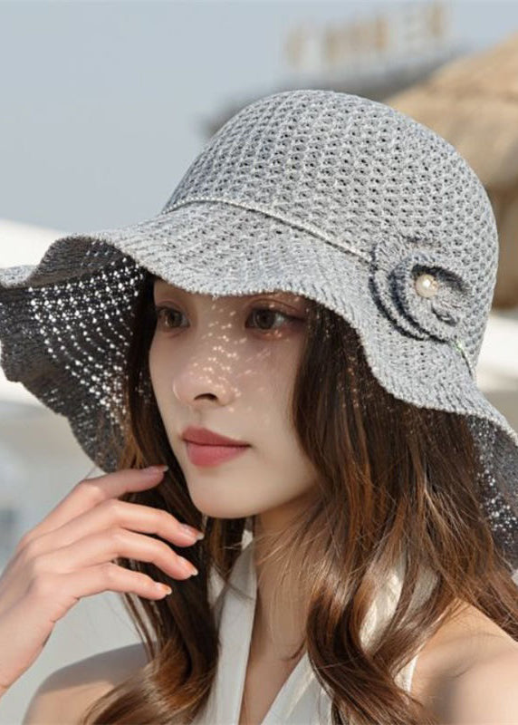 Chic Black Floral Pearl Hollow Out Linen Bucket Hat