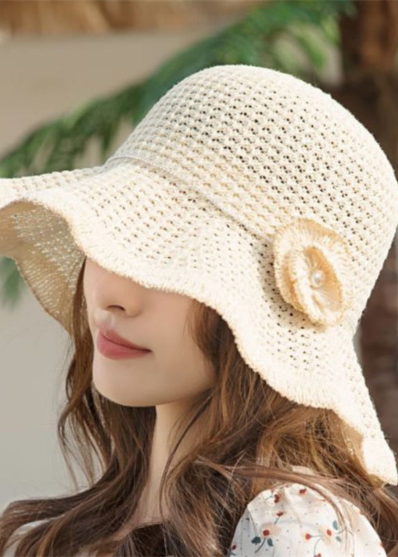 Chic Black Floral Pearl Hollow Out Linen Bucket Hat