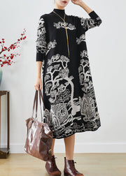 Chic Black High Neck Print Knit Sweater Dress Fall