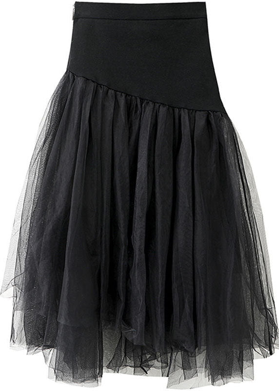 Chic Black High Waist Asymmetrical Patchwork Tulle Skirt Summer