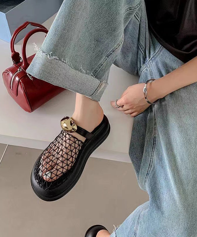 Chic Black Hollow Out Breathable Mesh Platform Slide Sandals