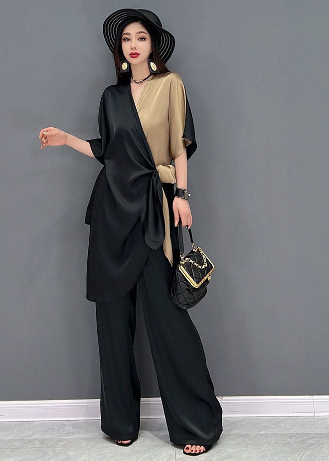 Chic Black Khaki V Neck Asymmetrical Design Patchwork Chiffon Two Piece Suit Set Summer