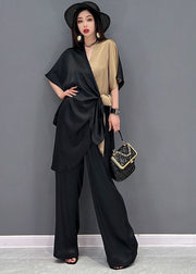 Chic Black Khaki V Neck Asymmetrical Design Patchwork Chiffon Two Piece Suit Set Summer