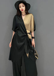 Chic Black Khaki V Neck Asymmetrical Design Patchwork Chiffon Two Piece Suit Set Summer