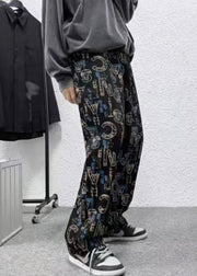 Chic Black Letter High Waist Cotton Mens Trousers Fall