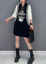 Chic Black Letter Print Patchwork Cotton Sport Mid Dress Summer