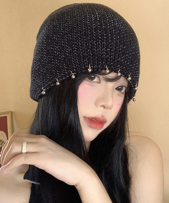 Chic Black Nail Bead Versatile Knit Bonnie Hat