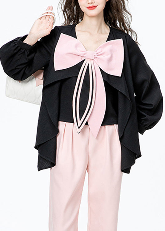 Chic Black O-Neck Bow Chiffon Shirt Long Sleeve