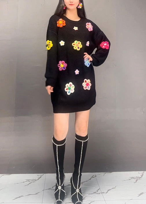 Chic Black O Neck Floral Patchwork Knit Dress Fall