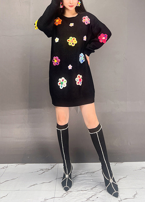 Chic Black O Neck Floral Patchwork Knit Dress Fall