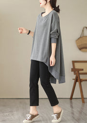 Chic Black O Neck Low High Design Cotton Tops Spring