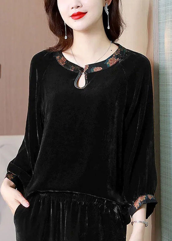 Chic Black O Neck Patchwork Silk Velour Shirts Top Spring