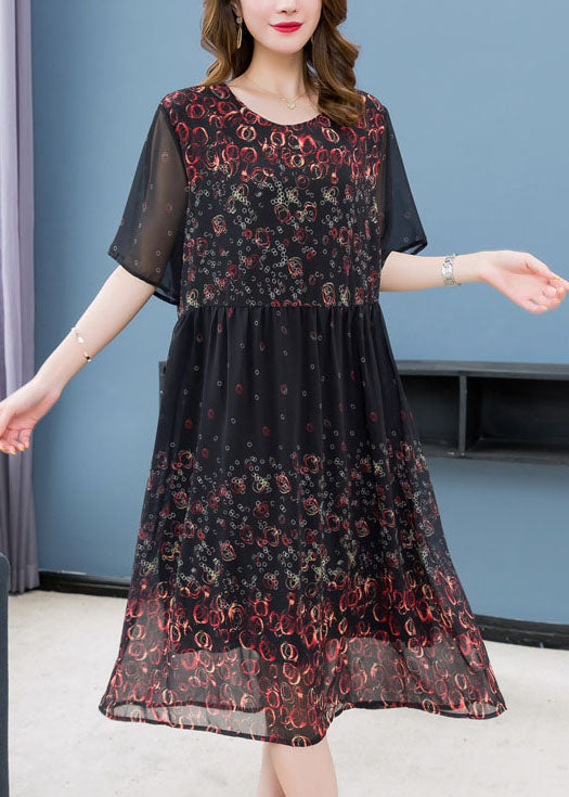 Chic Black O Neck Print Wrinkled Patchwork Chiffon Dress Summer