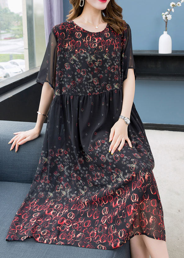 Chic Black O Neck Print Wrinkled Patchwork Chiffon Dress Summer