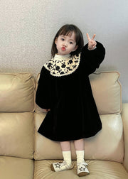 Chic Black O Neck Print Wrinkled Velour Baby Girls Dress Fall