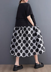 Chic Black O-Neck Ruffled Patchwork Print Dot Maxi Dress Short Sleeve