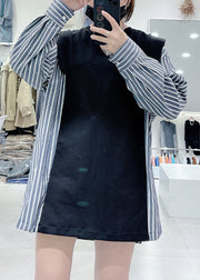 Chic Black O-Neck Striped Patchwork Sweatshirts Spring