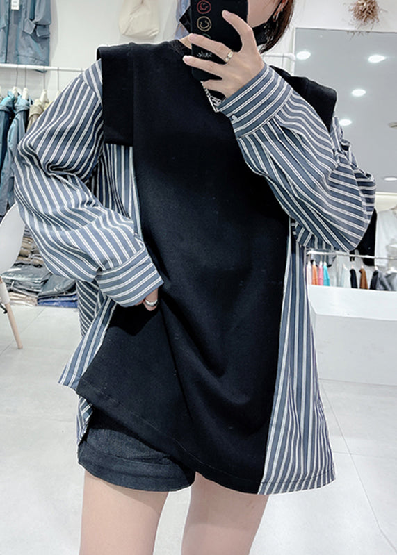 Chic Black O-Neck Striped Patchwork Sweatshirts Spring