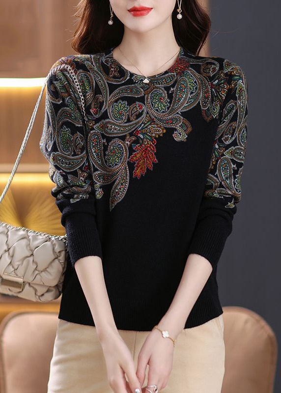 Chic Black O Neck Zircon Patchwork Wool Sweaters Long Sleeve