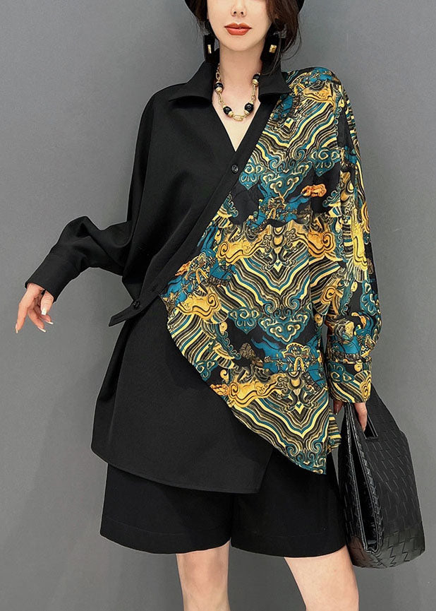 Chic Black Oversized Asymmetrical Design Print Shirt Spring